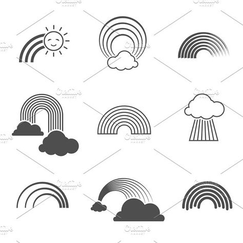 Black and white rainbow icons by Microvector on @creativemarket Black And White Rainbow, Sarah Tattoo, Rainbow Tattoo, Rainbow Sign, Rainbow Tattoos, Cloud Illustration, Cloud Tattoo, Sun And Clouds, Line Art Tattoos