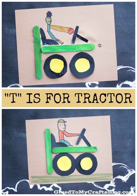 "T" is for Tractor - Popsicle Stick Kid Craft Idea T Is For Tractor Craft, T Is For Tractor, Tractor Crafts Preschool, Tractor Crafts For Toddlers, Letter T Crafts, Tractor Crafts, Barn Crafts, Preschool Letter Crafts, Transportation Crafts