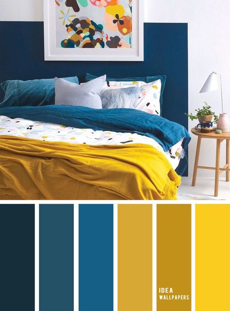 Mustard Bedroom, Yellow Minimalist, Color Bedroom, Color Palette Living Room, Best Color Schemes, Bedroom Blue, Bedroom Colour Palette, Living Room Color Schemes, Dekorasi Kamar Tidur