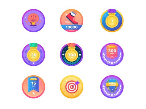 Gamification Badges, App Badges, Gaming Badges, Elearning Design, Badge Icon, Flat Design Icons, Game Ui Design, App Interface, Kids App