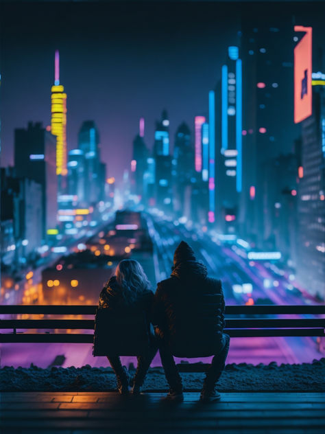 Neon Lights City Night, Couple Sitting Next To Each Other, Overlooking City At Night, Futuristic Couple, Couple Looking At Each Other, Comic Aesthetic, City Skyline At Night, Bed City, Rock Couple