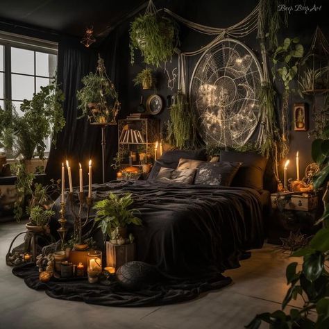 Boho Goth Beep Boop Art Emo Boho Bedroom, Goth Bohemian Decor, Dark Academia Bedroom Green, Goth Hippie Room, Dark Fairy Room, Dark Boho Bedroom Aesthetic, Boho Gothic Bedroom, Green Gothic Bedroom, Cottage Goth Aesthetic