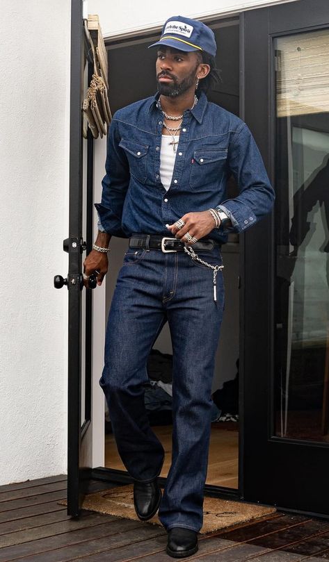 Masc Fits, Guy Clothes, Mens Western Style, Denim Outfit Men, Art Vibe, Western Outfits Men, Men Street Fashion, Vibe Aesthetic, Mens Western