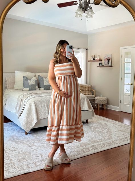 Orange Linen Striped Tie Back … curated on LTK Dressing The Bump, Maternity Street Style, Striped Dress Summer, Cotton Long Dress, Dress Maternity, The Bump, Summer Stripes, Church Outfits, Striped Tie