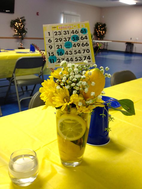 This was the table decor for a surprise 50th BINGO party. Diy Bingo Party Decorations, Bingo Decorations Ideas, Bingo Centerpieces, Bingo Decorations, Bingo Party Decorations, Bingo Fundraiser, Football Bingo, Bingo Birthday, Surprise 50th