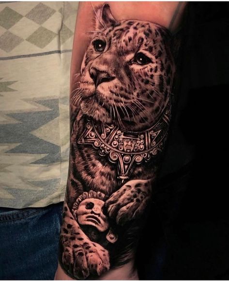 Aztec Pyramids Tattoo, Aztec Jaguar Art, Mexican Tiger Tattoo, Aztec Jaguar Warrior Tattoo, Aztec Animal Tattoo, Mexican Jaguar Tattoo, Mayan Jaguar Tattoo, Aztec Sleeve Tattoos, Jaguar Warrior Tattoo