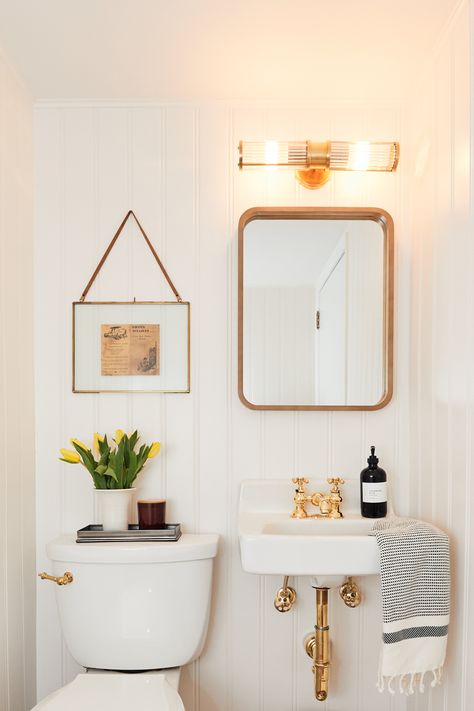 Cute Powder Bathroom Ideas, Minimalistic Powder Room, Super Small Powder Room Ideas, Tiny Powder Room Sink, Tiny Powder Bath, Powder Room Sink Cabinet, California Powder Room, 1930s Powder Room, Powder Room Shelving