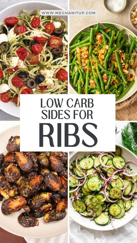 Looking for the perfect party side to complement your deliciously smoked ribs? Look no further than these low carb sides! From zesty coleslaw to savory cauliflower rice, these dishes will have your guests coming back for seconds and thirds. With fresh ingredients and bold flavors, these sides are the best way to round out your BBQ spread and keep your guests satisfied all night long. Meat And Veggie Dinners Low Carb, Keto Barbecue Sides, Ribs Side Dishes Healthy, Low Carb Side Recipes, Keto Barbeque Sides, Sides To Go With Ribs Dishes, Good Sides With Ribs, Sides With Ribs Dinner, Salad To Go With Bbq Ribs