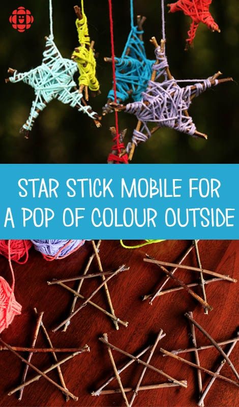 Star Stick Mobile For A Pop Of Colour Outside | Play | CBC Parents Stick Mobile, Yarn Crafts For Kids, Twig Crafts, Waldorf Crafts, Fabric Christmas Ornaments, Camping Crafts, Nature Crafts, Winter Crafts, Christmas Activities