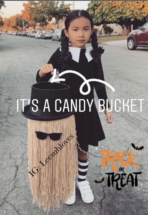 Cousin It Halloween Bucket Diy, Thing Hand Costume Addams Family, Mortician And Wednesday Costume, Addams Family Halloween Decorations Diy, Cousin It Candy Bucket Diy, Wednesday Party Ideas Diy, Diy Wednesday Birthday Party, Diy Adams Family Halloween Costumes, Cousin It Candy Bucket