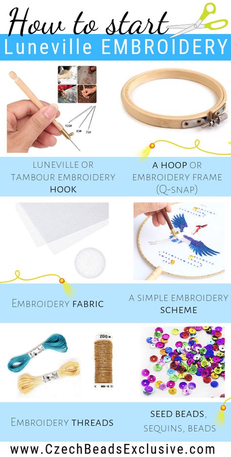 What is and How to Start Luneville or Tambour Embroidery - Tools & Tips |SAVE it!| www.CzechBeadsExclusive.com #czechbeadsexcluisve #czechbeads Tambour Beading, Pola Manik, Tambour Embroidery, Chain Stitch Embroidery, Embroidery Tools, Types Of Embroidery, Embroidery Supplies, Simple Embroidery, Silk Ribbon Embroidery