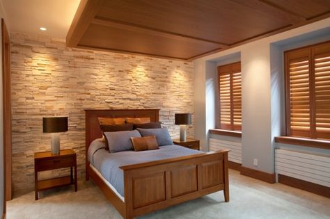 19 Elegant Stone Wall Bedroom Design Ideas Stone Wall Bedroom, Stone Wall Interior Design, Master Suite Remodel, Tiles Living Room, Stone Walls Interior, Stone Accent Walls, Closet Built Ins, Interior Shutters, Wall Interior