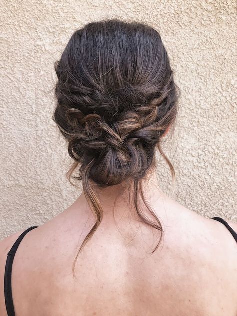 Low Prom Updos, Messy Low Bun With Braid, Low Messy Updo With Braid, Soft Low Updo, Prom Braid Updo, Bridal Hair Low Bun Braid, Braided Low Updo Wedding, Updo With Small Braids, Prom Hair Updo With Braid