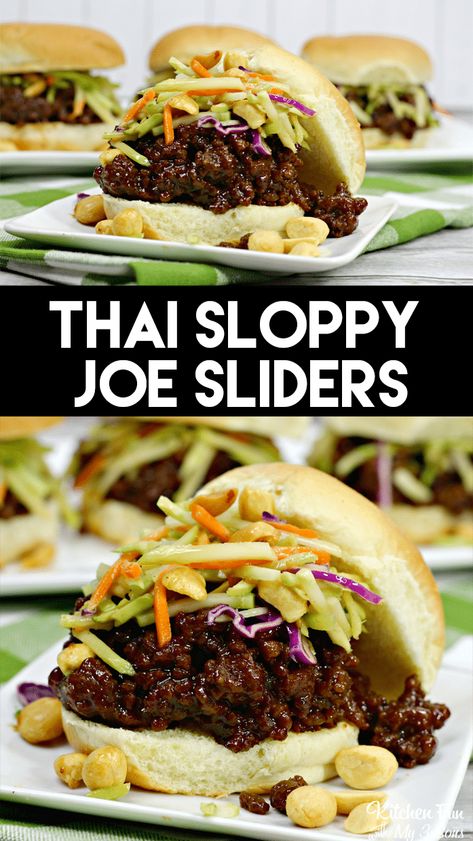 Thai Sloppy Joe Sliders are a spicy recipe for dinner or a get-together. With ingredients like siracha, onions and garlic, this has a delicious kick.| Thai Recipes | Sliders Recipes Korean Sloppy Joes, Sloppy Joe Bar, Dinner Sliders, Recipes Sliders, Sloppy Joe Sliders, Food Recipes Dinner, Sloppy Joes Sliders, Homemade Sloppy Joe Recipe, Sliders Recipes