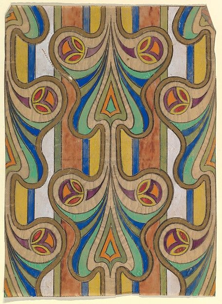 Diseño, anónimo, Francés, siglo XX, finales del nouveau del arte y principios Art Deco, ca.  1910-29, pintura del carbón de leña /Guache /oro. Modern Art Neauveau, Art Deco Textile Design, Art Nouveau Abstract, Art Nouveau Colors, 70s Art Nouveau, Art Nouveau Shapes, Art Deco Designs, French Art Paintings, French Pattern Design