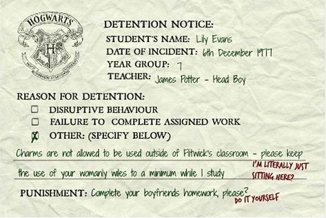 james potter and lily evans Detention Slip, Professor Flitwick, Mauraders Era, Peter Pettigrew, All The Young Dudes, Lily Evans, Harry Potter Jokes, Lily James, Harry Potter Marauders