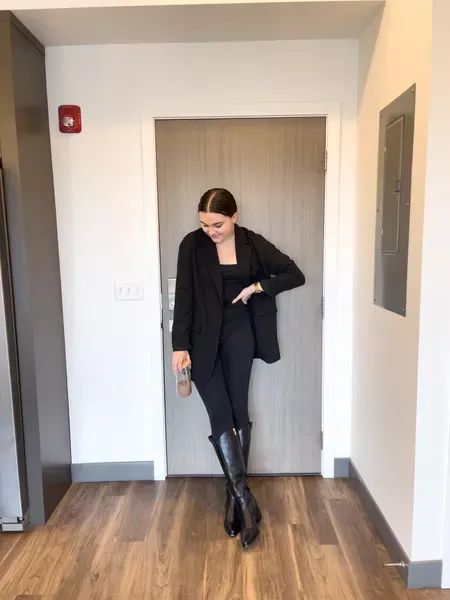 How to style a black unitard or onesie! Dressy or casual I’m wearing a M unitard #LTKstyletip #LTKFind #LTKunder100 Unitard With Blazer, Winter Fitted Unitard, Winter Night Out Fitted Unitard, Casual Winter High-stretch Unitard, Black Long Sleeve Unitard For Winter, Outfits With Vest, Unitard Outfit, Black Unitard, Womens Oversized Blazer