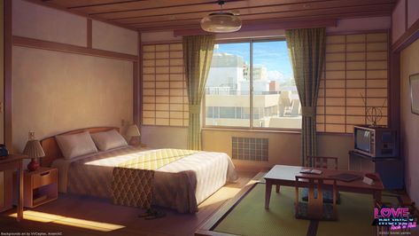 ArtStation - Hotel room in Japan 1987 Japan Bedroom, Visual Novel Game, Bedroom Illustration, Novel Game, Fanfic Ideas, Venetian Hotel, Japanese Bedroom, Gacha Backgrounds, Classic Hotel