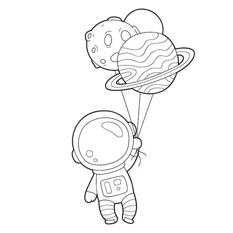 Illustration coloring page with cartoon ... | Premium Vector #Freepik #vector #baby-cartoon #cartoon #people-line #illustrations Cartoon Rocket Ship Drawing, Line Cartoon Drawing, Cartoon Line Drawing, Space Cartoon Drawing, Planets Outline, Cute Space Illustration, Cute Astronaut Drawing, Space Line Art, Galaxy Coloring Pages