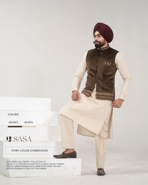 Explorer our trendy collection of jacket’s of brown colour with luxury velvet fabric and all embroidered with hand with Ivory colour kurta & pajama in rich cotton fabric. By SASA Kurta Pajama Men With Jacket, Kurta Pajama Men Punjabi, Kurta Designs Men's, Pajama Men, Jodhpuri Suits, Indian Groom Dress, Man Dress Design, Jodhpuri Suits For Men, Kurta Pajama Men