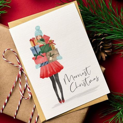 Merriest Christmas Cute Watercolor Girl Presents Christmas illustration #christmasillustration Christmas illustrations #christmasillustrations #christmas #illustration #illustrations Merry christmas #merrychristmas  16.857 Watercolor Presents, Girl Presents, Christmas Illustration Design, Creative Christmas Cards, Watercolor Holiday, Christmas Card Illustration, Simple Christmas Cards, Family Christmas Pictures, Presents Christmas