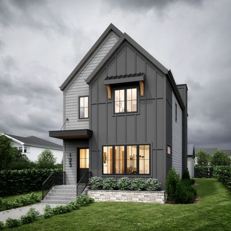 Currie - Farmhouse - Farmhouse - Exterior - Calgary - by Andison Residential Design | Houzz Townhome Architecture, Black Board And Batten Exterior, Black Board And Batten, Infill Architecture, Classic White Farmhouse, Contemporary Hamptons, Narrow Houses, Grey Colour Scheme, Architectural Drafting