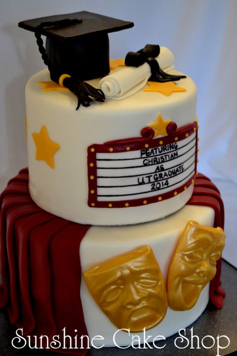 Theater Theme Graduation Cake 8", 6" cakes with modeling chocolate cap & mortar board, fondant diploma, marquee & drape,... Theater Cake Ideas, Fondant Diploma, Theater Cake, Cinema Cake, Unc Graduation, Theatre Cake, Grad Cakes, Candy Melt, Mortar Board