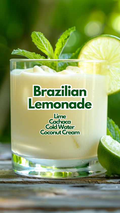 Brazilian Lemonade Spiked Brazilian Lemonade, Brazilian Cocktails, Brazilian Drinks, Lime Cocktails, Coconut Cocktails, Cachaca Cocktails, Brazilian Drink, Lemonade Cocktails, Cocktail Cards