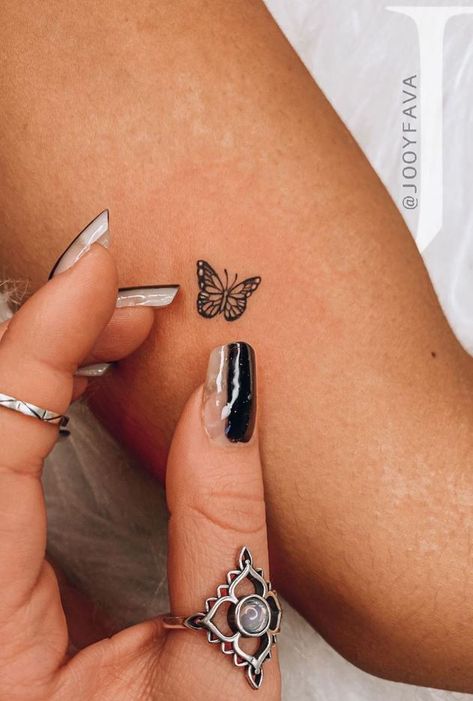 Small Butterfly Placement Tattoo, Places To Get Butterfly Tattoo, Monarch Butterfly Tattoo Minimalist, Small Monarch Butterfly Tattoo On Wrist, Small Butterfly Tattoo With Quote, Small Butterfly Tattoo Black, Dainty Butterfly Tattoo Arm, Small Delicate Butterfly Tattoo, Small Colorful Butterfly Tattoo