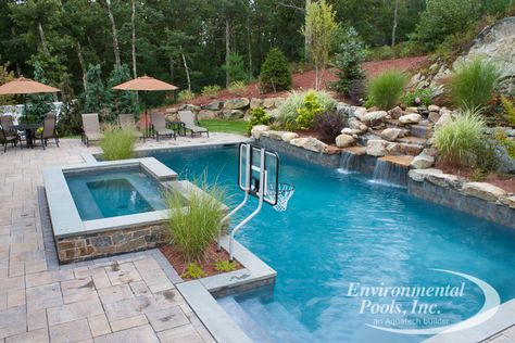 Pool With Slide And Waterfall, Rectangular Pool With Spa, Spa Waterfall, Beach House Pool, Inground Pool Designs, Swimming Pool Photos, Swimming Pool Construction, Rectangular Pool, Pool Waterfall