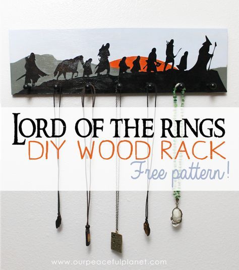 Make this Lord of the Rings art wood rack to hold belts, jewelry etc. Easy to follow instructions with free pattern download. Takes a simple saw and drill! Diy Lord Of The Rings, Lord Of The Rings Diy, Lord Of The Rings Art, Rings Diy, Wood Nails, Free Pattern Download, Geek Crafts, Wood Rack, Wood Plugs