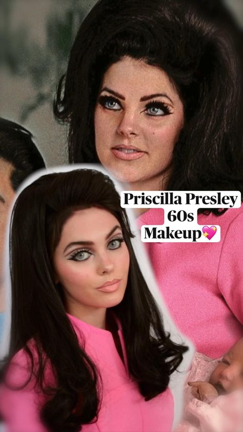 Gogo Girl Makeup, Priscilla Presley 60s, Priscilla Presley Halloween, Precillia Presley, Priscilla Presley Hair, 60s Makeup Tutorial, 70s Hair And Makeup, Look Disco, Disco Makeup