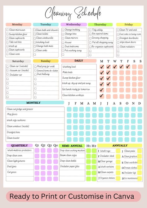 Embrace a more organised, happier home with this cleaning schedule! This schedule helps you to easily tidy and organise your home through tracking and breaking down your cleaning tasks at all times throughout the year. FEATURES: - Track your daily, weekly, monthly, quarterly, semi-annual and annual cleaning tasks. - The cleaning schedule is a canv...#Tidy #Guide #Schedule #Inspo #for #to #Creating #Inspiration #Ultimate #HomeTrends #Ultimate #Cleaning #Motivation #Home #The #a #a #Creating Annual Cleaning Schedule, Chore Template, Editable Cleaning Schedule, Cleaning Calendar, Organise Your Home, Cleaning Schedule Printable, Cleaning Planner, House Chores, Cleaning Tasks