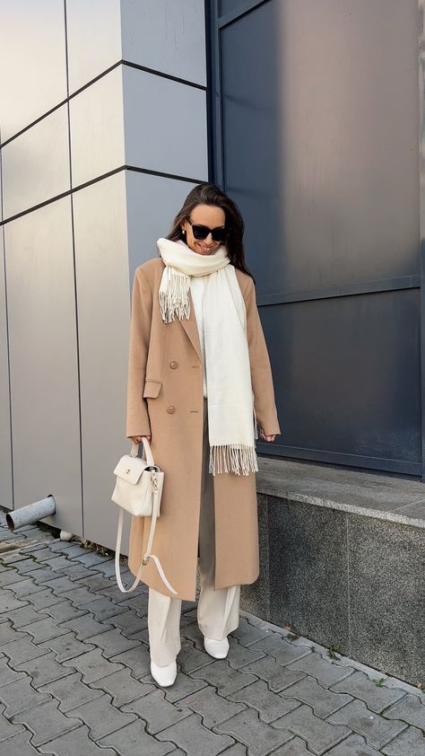 Beige coat outfit Beige Coat Outfit, Winter Office Outfits, Girl Glasses, Winter Office, Beige Coat, Coat Outfit, Girls With Glasses, Coat Outfits, Office Outfits