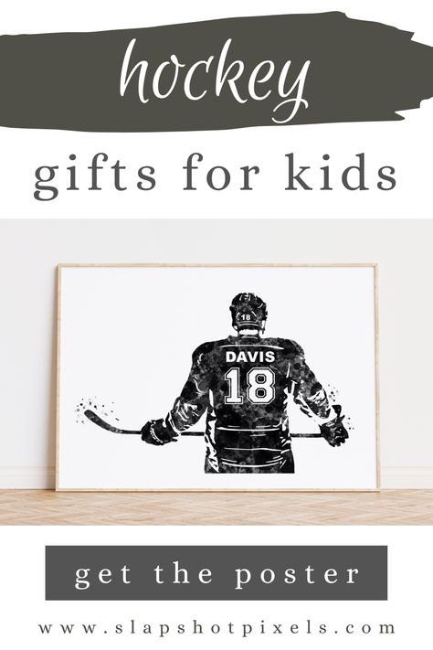 Personalized hockey posters with custom name and number on the hockey jersey. Hockey player designed in watercolor digital effect. The perfect personalized hockey gift for hockey players! Hockey Shadow Box Ideas, Senior Hockey Gifts, Hockey Manager Gift Ideas, Hockey Posters For Games, Hockey Bedroom Ideas, Hockey Team Gift Ideas, Hockey Coach Gift Ideas, Hockey Bedroom Decor, Hockey Manager