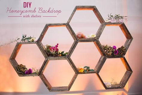 DIY: Honeycomb Backdrop with Shelves Backdrop With Shelves, Honeycomb Backdrop, Diy Honeycomb, Geometric Backdrop, Honeycomb Shelves, Garland Backdrops, Diy Wedding Backdrop, Wedding Ceremony Backdrop, Geometric Wedding