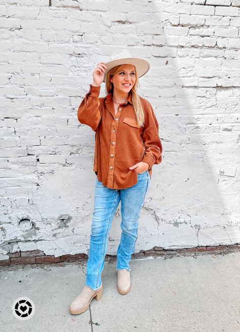 Fall inspired outfit including a hat, boots, jeans, and a neutral colored shacket. Neutral Shacket, Fall Outfit Ideas, Pink Lily, Fall Outfit, High Waist Jeans, Fall Outfits, Outfit Ideas, Kiss, High Waisted