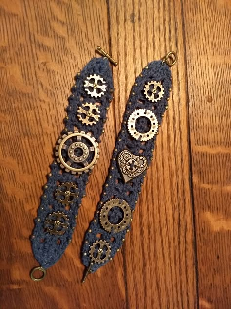 Steampunk Crochet, Steam Punk Crochet, Handmade Steampunk Jewelry For Festivals, Punk Crochet, Steampunk Jewelry Bracelets, Handmade Steampunk Bracelets As Gift, Steampunk Accessories Bracelets, Steampunk Metal Bracelet Jewelry, Steampunk Patterns