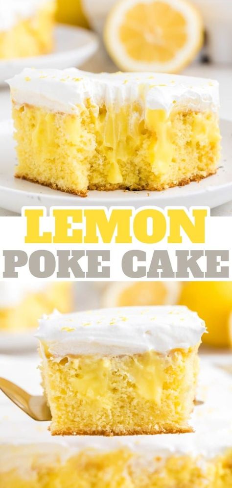 Lemon Poke Cake is a sweety and tangy dessert recipe made with boxed lemon cake mix, lemon instant pudding mix and Cool Whip. Lemon Dessert Recipes Easy, Lemon Poke Cake, Lemon Cake Mix Recipe, Lemon Desserts Easy, Poke Cake Lemon, Box Lemon Cake, Pudding Poke Cake, Recipes Using Cake Mix, Lemon Pudding Cake