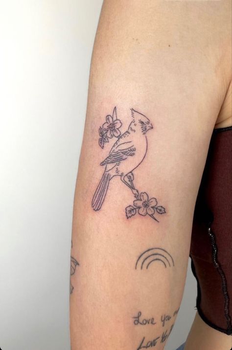 Cardinal on a branch with 2 flowers Line Work Cardinal Tattoo, Small Cardinal Tattoo With Flowers, Daisy And Cardinal Tattoo, Flower Cardinal Tattoo, Tattoo Ideas Female Cardinal, Cardinal Arm Tattoos For Women, Pretty Cardinal Tattoo, Fineline Cardinal Tattoo, Cardinal Floral Tattoo