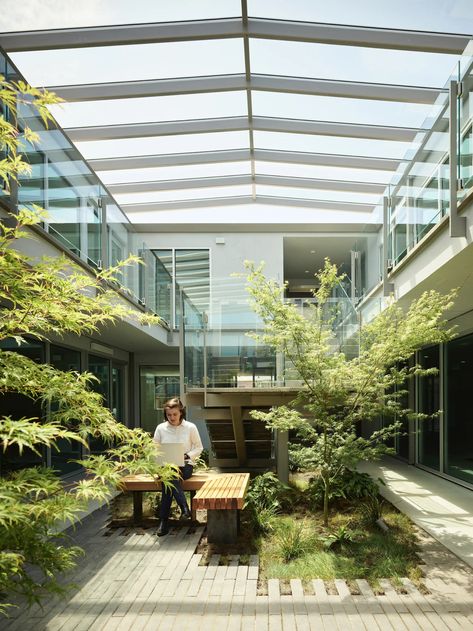 LNAI Architecture Unwraps a 1960s Office Building and Reinvents It as a New Kind of Workplace | Architectural Record Office Building Renovation, Live Work Architecture, Workplace Architecture, Office Courtyard, 1960s Office, Hyperbolic Paraboloid, Zine Inspiration, Eco Friendly Office, Central Courtyard