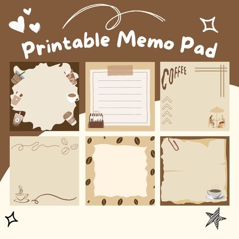 3x3 Printable memo pad with 6 different designs This is a digital listing only and no printed item will be mailed Memo Notepad Printable, Notepad Design Ideas, Memo Pads Printable Aesthetic, Memo Pad Template, Digital Scrapbook Stickers, Memo Pad Printable, Printable Memo Sheets, Memo Design, Printable Memo Pad