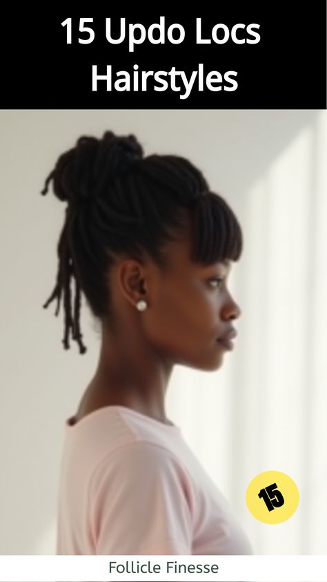 Updo Locs Hairstyles,Black woman with dreadlocks in a loc updo hairstyle with bangs Loc Styles With Bangs For Women, Loc Styles With Bangs, Updo Locs Hairstyles, Updo Locs Hairstyles For Women, Locs With Bangs, Locs Hairstyles For Women, Cornrow Hairstyles For School, Elegant Buns, Updo With Bangs