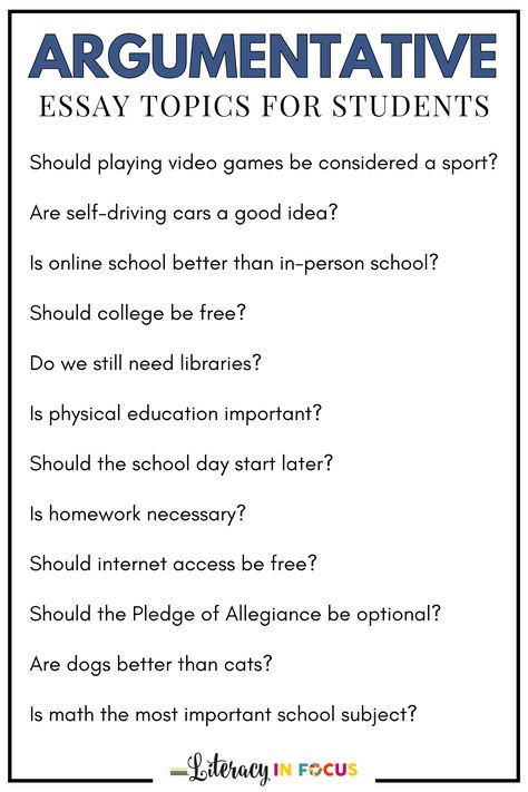 This list of engaging and relevant argumentative essay topic ideas is perfect for students in upper elementary and middle school. Add them to your argument writing unit! Students will love the variety of high-interest ideas. 20 argumentative essay topics for 5th to 8th grade students are included. Click to see all 20 topics today or save this pin for later! #argument #writing Argumentative Essay Writing Tips, Good Argument Topics, High School Argumentative Essay, Essay Prompts Middle School, Tips For Essay Writing High Schools, Argumentative Essay Examples Student, 8th Grade Writing Prompts, Topics For Essays High Schools, Topics For Argumentative Essays