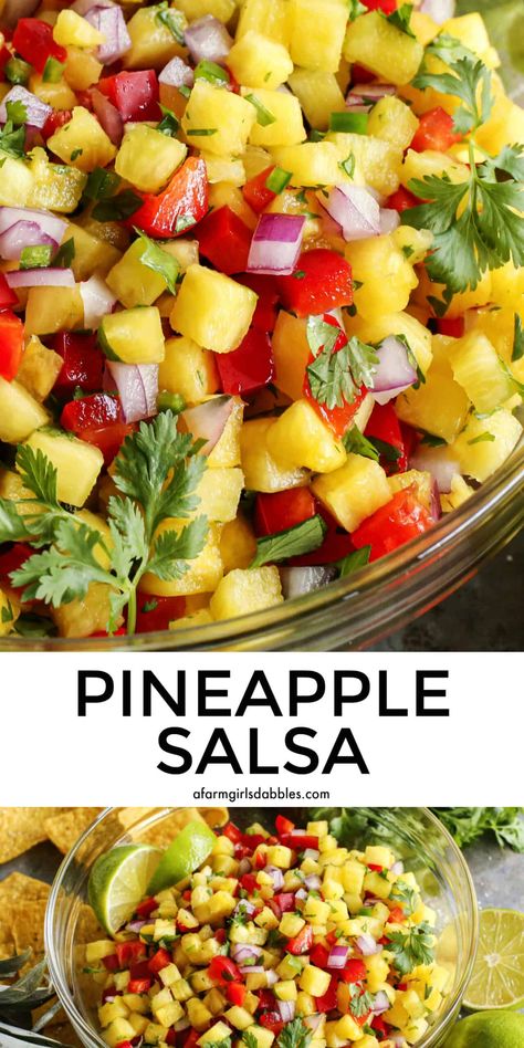 This easy, fresh Pineapple Salsa recipe makes for a fun party appetizer or a tasty condiment for tacos, salads, and grilled meats and fish! #pineapple #salsa #appetizer #gamedayfood #partyfood Fresh Pineapple Salsa Recipe, Pineapple Mango Salsa, Pineapple Salsa Recipe, Mango Salsa Recipes, Diy Easy Recipes, Light Appetizers, Easy Salsa, Fruit Salsa, Pineapple Salsa