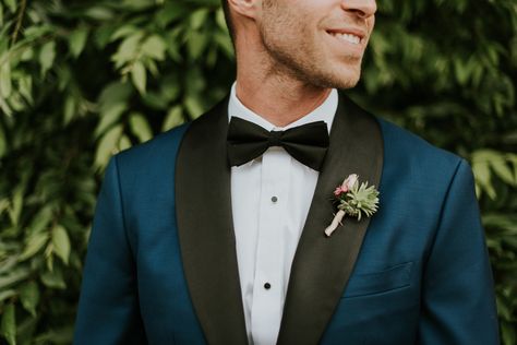 navy and black tuxedo for your groom Teal Tuxedo, White Jeans For Men, White Tuxedo Wedding, White Clematis, Succulent Boutonniere, Blue Tuxedo, Rainy Day Wedding, White Tux, Wedding Tux