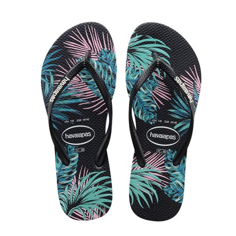 SLIM TROPICAL FLORAL FLIP FLOPS BLACK/PINK - Havaianas English Women, Stylish Flip Flops, Floral Flip Flops, Rubber Flip Flops, Havaianas Flip Flops, Floral Sandals, Fashion Slippers, F 35, Beach Flip Flops