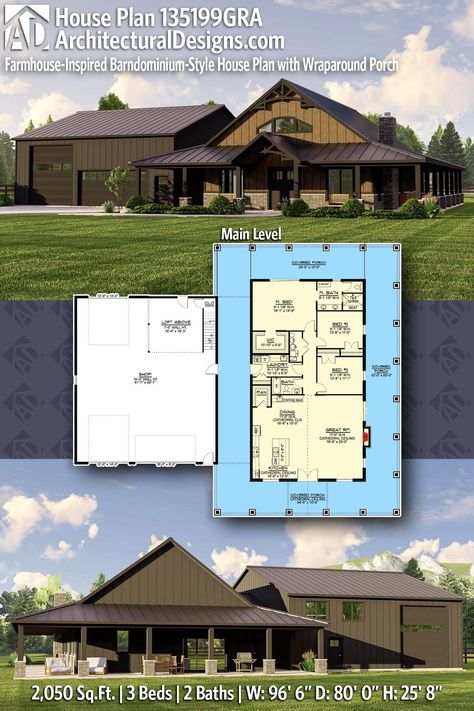 House Plan 135199GRA gives you 2000 square feet of living space with 3 bedrooms and 2 baths Ranch Barndominium, Porch French Doors, Barn Home Plans, Ad Homes, Dream Barndominium, Barndo Plans, Barndo Ideas, House Types, Corrugated Metal Siding