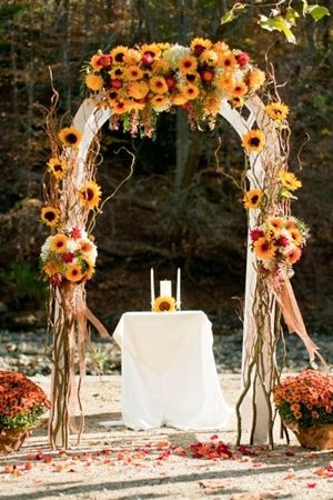 October Wedding Colors, Unity Candle Ceremony, Fall Wedding Arches, Sunflower Wedding Decorations, Fall Wedding Color Schemes, Sunflower Centerpieces, Outdoor Fall Wedding, Wedding Themes Fall, Weddings By Color