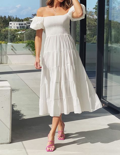 https://amzn.to/42uroJO Bachelorette Outfits, Short Puff Sleeve, Tiered Midi Dress, Cute Summer Dresses, Puffed Sleeves Dress, Amazon Deals, White Midi Dress, Tiered Dress, Affiliate Links